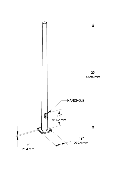 Dimension drawing of the RAB PTR6-11-20D2 20 Ft Round Tapered Steel Light Pole – 6 In Diameter – 11 Gauge – Drilled Two Sides – Square Baseshowing fixture dimensions and mounting measurements.