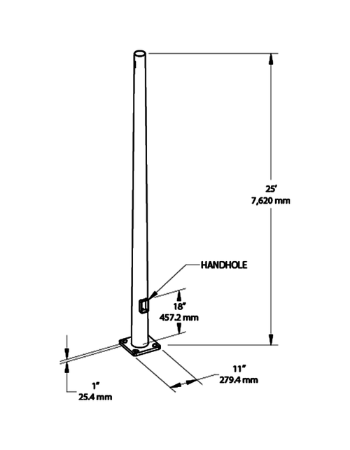 Dimension drawing of the RAB PTR7-07-25D2 25 Ft Round Tapered Steel Light Pole – 7 In Diameter – 7 Gauge – Drilled Two Sides – Square Baseshowing fixture dimensions and mounting measurements.