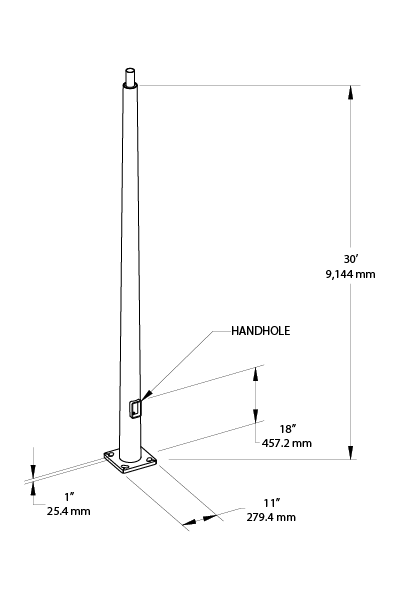 RAB PTR8-07-30WT 30 Ft Round Tapered Steel Light Pole – 8 In Diameter – 7 Gauge – Welded Tenon – Square Base