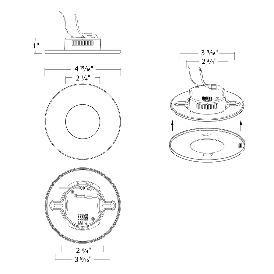 Dimension drawing of the RAB PUCK34 PUCK34 LED Wafer Downlight – 4" Round – 10W – Selectable 2700K/3000K/3500K/4000K/5000K – 824 Lumens – 120V – TRIAC Dimmable – 90 CRI – E26 Adapter Includedshowing fixture dimensions and mounting measurements.