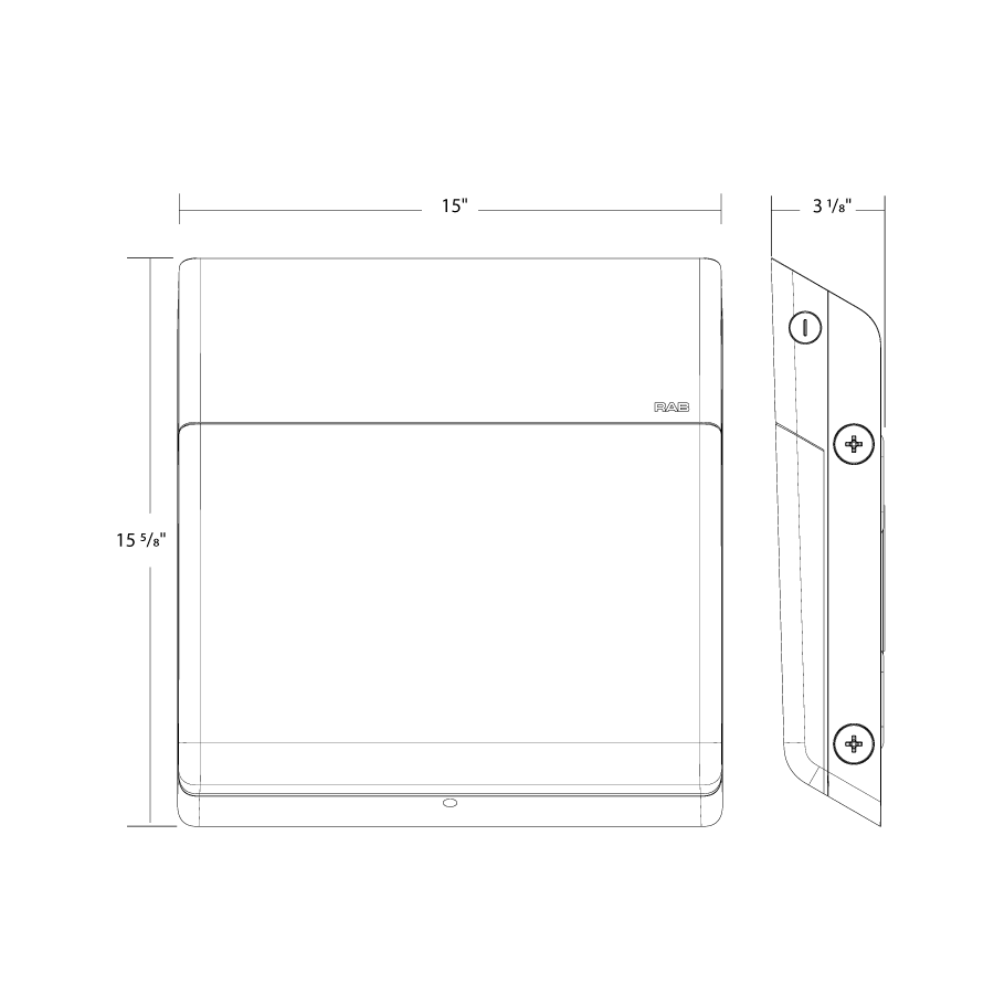 Dimension drawing of the RAB PWLED/480 PWLED Field-Adjustable Wall Pack – Selectable 13W/41W/72W – Selectable 3000K/4000K/5000K – 1769-9694 Lumens – 480V – Wall Mount – Bronze Finishshowing fixture dimensions and mounting measurements.