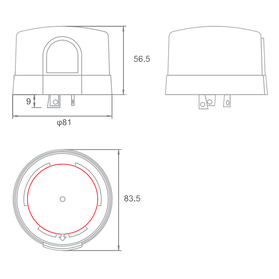 Dimension drawing of the RAB R-3P-PCT Twist-Lock Photocell – 120–277Vshowing fixture dimensions and mounting measurements.