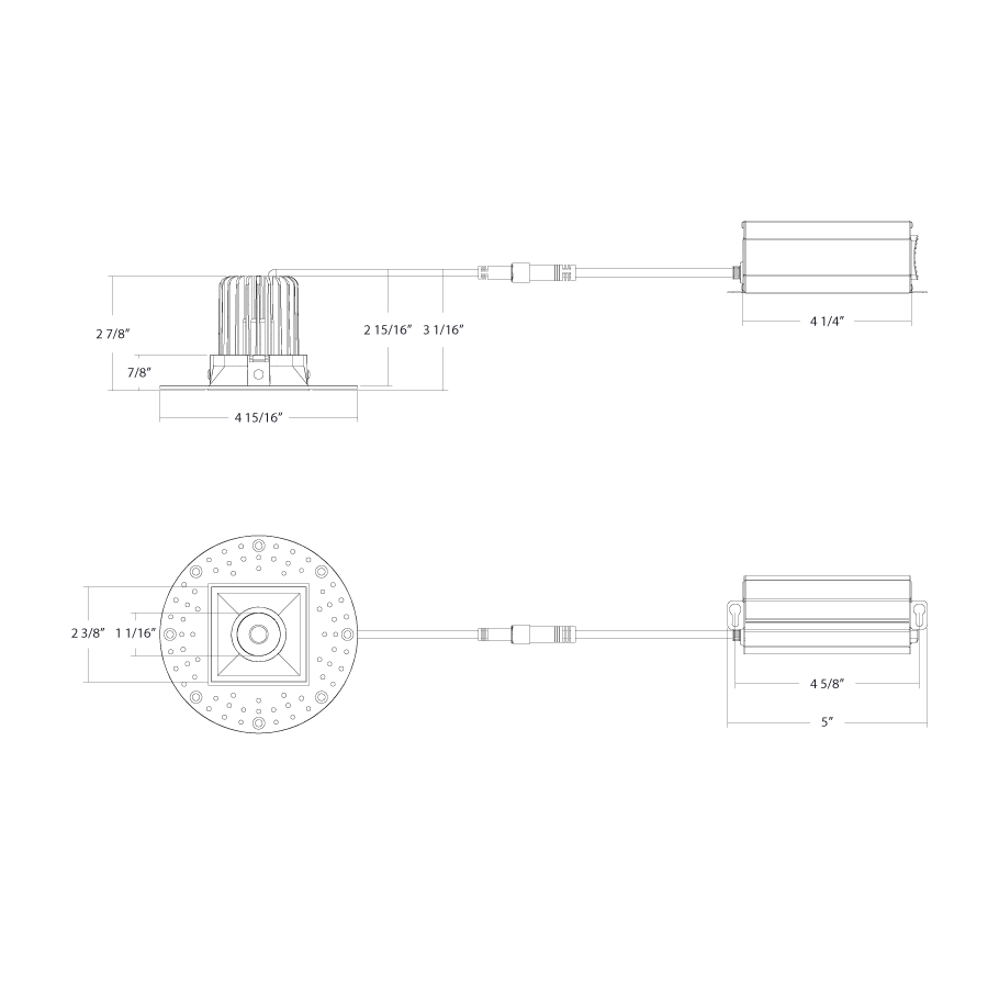 Dimension drawing of the RAB R2STLB 2in Trimless Recessed Light – 9W – 600 Lumens – 2700K–5000K – 120V – Square – Smooth Trim – Black Finish – 90+ CRIshowing fixture dimensions and mounting measurements.