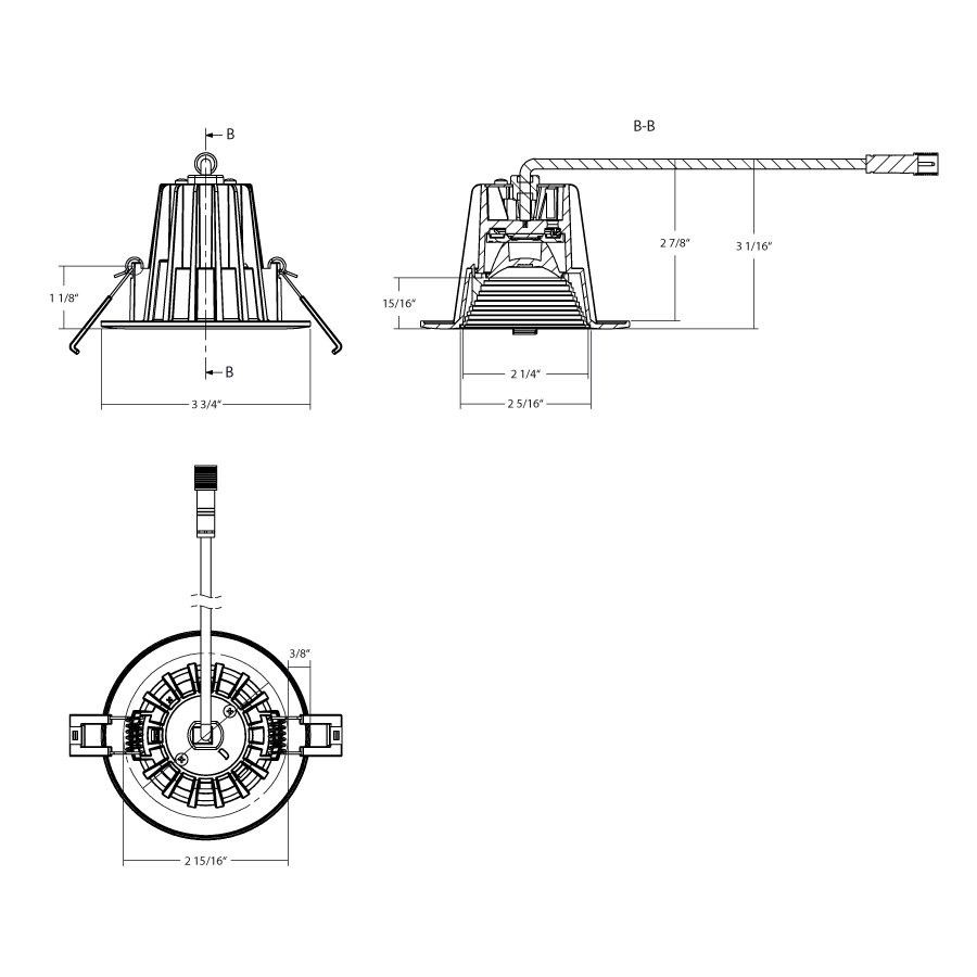 Dimension drawing of the RAB R3-15B 3in Regressed Recessed Light – 15W – 1000 Lumens – 2700K–5000K – 120V – Round – Baffle Trim – White Finish – 90+ CRIshowing fixture dimensions and mounting measurements.