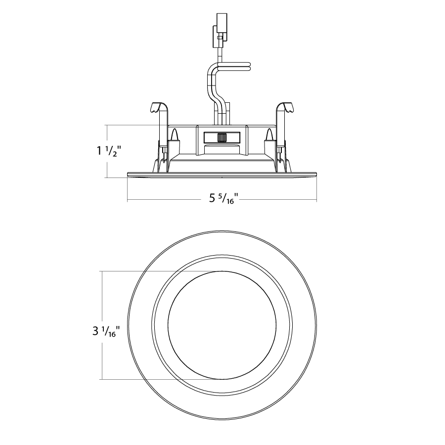 Dimension drawing of the RAB R34-4/BP R34 4" Retrofit Downlight - 700 Lumens - 7.5W - 120V - 5CCT Selectable - Smooth Trim - White - 12 Packshowing fixture dimensions and mounting measurements.