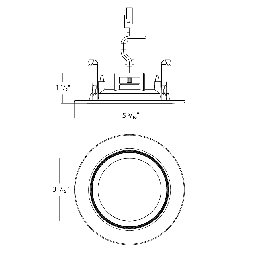 Dimension drawing of the RAB R34-4B/BP R34 4" Retrofit Downlight - 700 Lumens - 7.5W - 120V - 5CCT Selectable - Baffle Trim - White - 12 Packshowing fixture dimensions and mounting measurements.