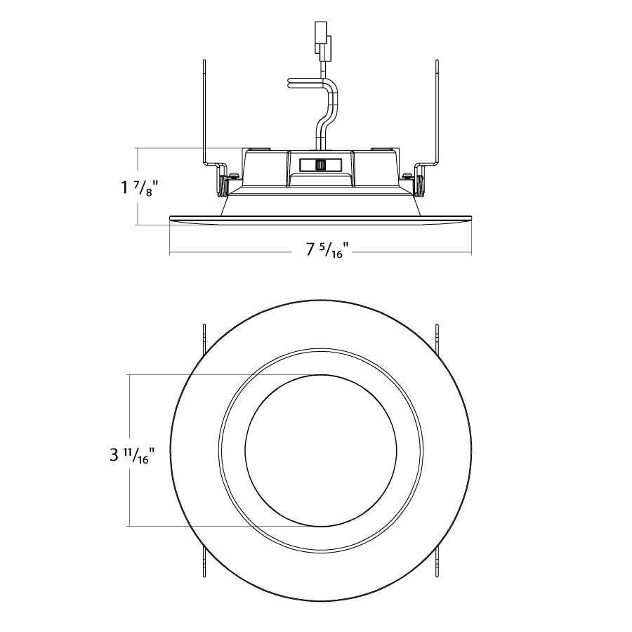 Dimension drawing of the RAB R34-6/BP R34 6" Retrofit Downlight - 900 Lumens - 10W - 120V - 5CCT Selectable - Smooth Trim - White - 12 Packshowing fixture dimensions and mounting measurements.