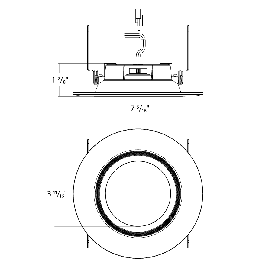 Dimension drawing of the RAB R34-6B/BP R34 6" Retrofit Downlight - 900 Lumens - 10W - 120V - 5CCT Selectable - Baffle Trim - White - 12 Packshowing fixture dimensions and mounting measurements.