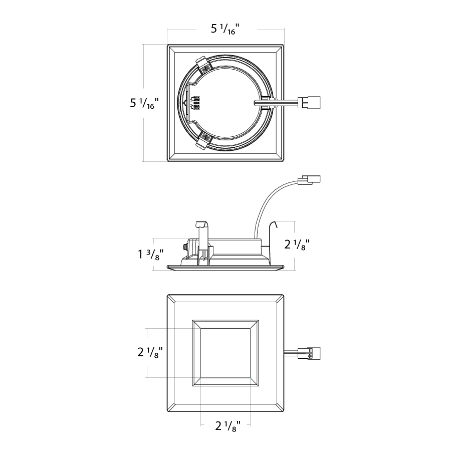 Dimension drawing of the RAB R34S-4-B R34S 4" Square Retrofit Downlight - 601-628 Lumens - 6W - 120V - 5CCT Selectable - Smooth Trim - Blackshowing fixture dimensions and mounting measurements.