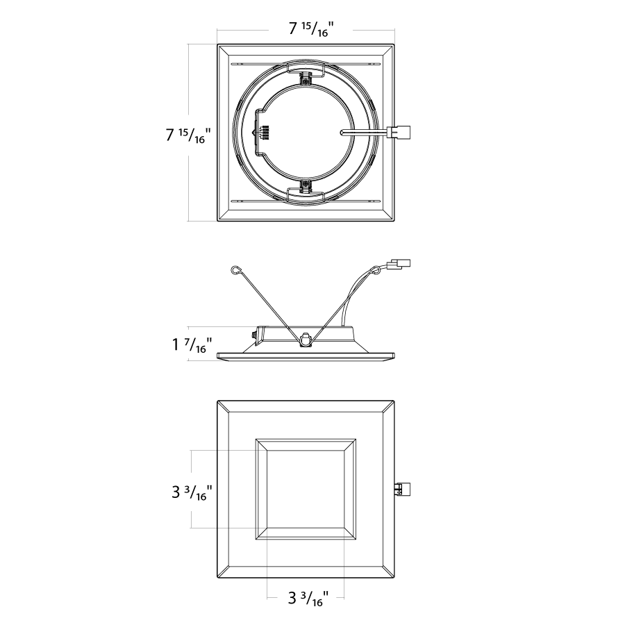 Dimension drawing of the RAB R34S-6-B R34S 6" Square Retrofit Downlight - 947-1009 Lumens - 9W - 120V - 5CCT Selectable - Smooth Trim - Blackshowing fixture dimensions and mounting measurements.