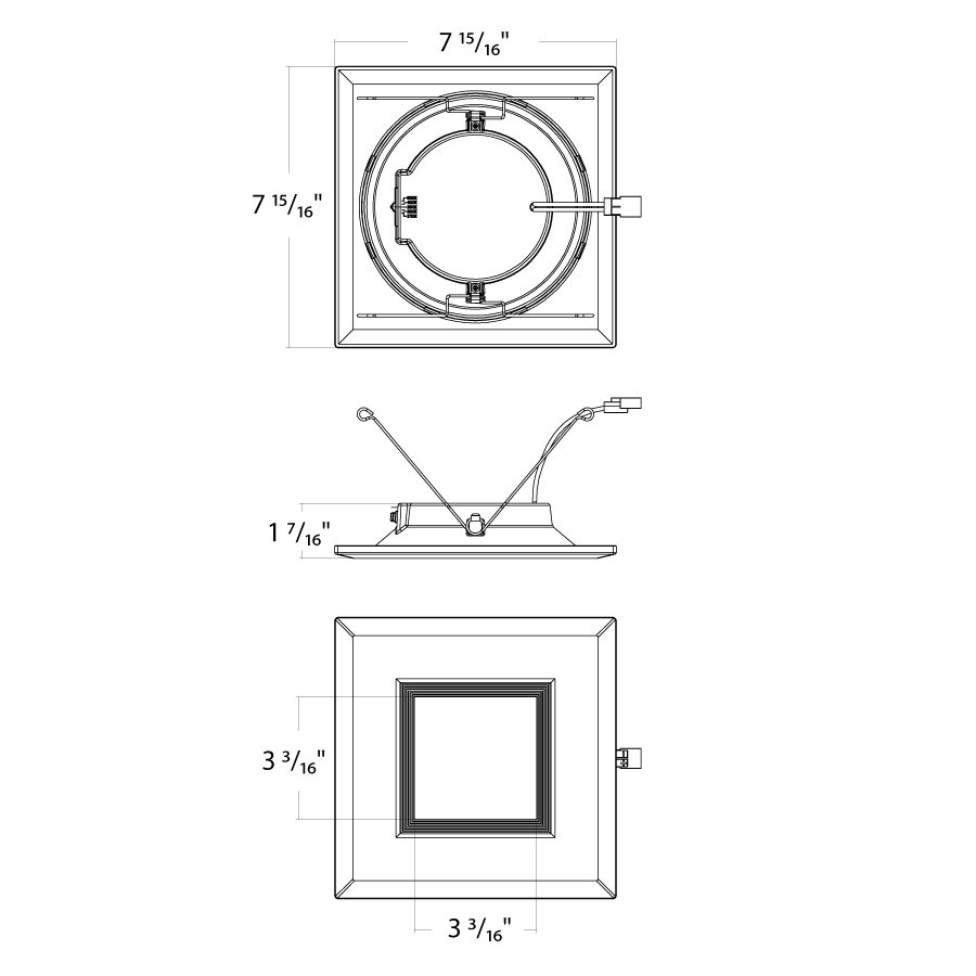 Dimension drawing of the RAB R34S-6B R34S 6" Square Retrofit Downlight - 933-1044 Lumens - 10W - 120V - 5CCT Selectable - Baffle Trim - Whiteshowing fixture dimensions and mounting measurements.