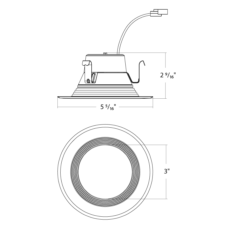 Dimension drawing of the RAB R34X-4B-B R34X 4" Retrofit Downlight - 516-728 Lumens - 120V - Flux and CCT Selectable - Baffle Trim - Blackshowing fixture dimensions and mounting measurements.