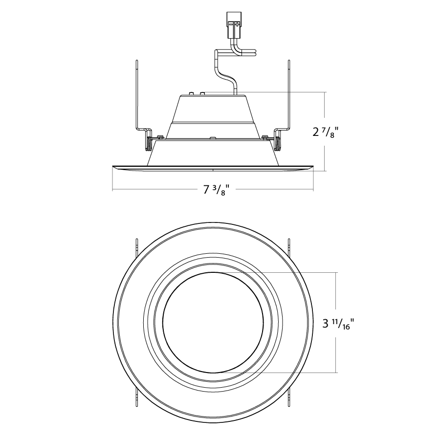 Dimension drawing of the RAB R34X-6-B R34X 6" Retrofit Downlight - 780-1377 Lumens - 120V - Flux and CCT Selectable - Smooth Trim - Blackshowing fixture dimensions and mounting measurements.