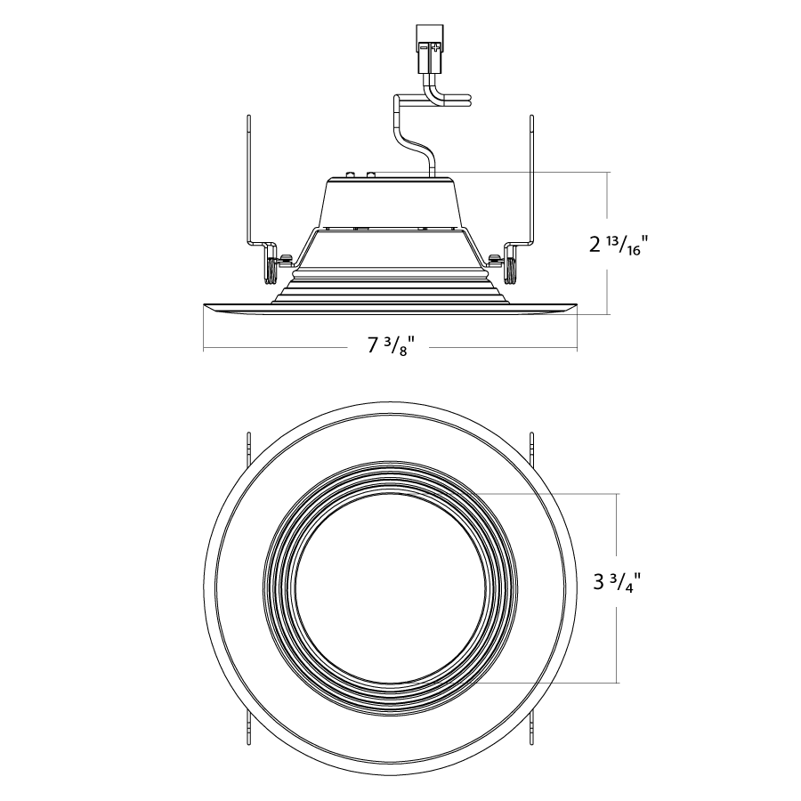 Dimension drawing of the RAB R34X-6B R34X 6" Retrofit Downlight - 770-1330 Lumens - 120V - Flux and CCT Selectable - Baffle Trim - Whiteshowing fixture dimensions and mounting measurements.