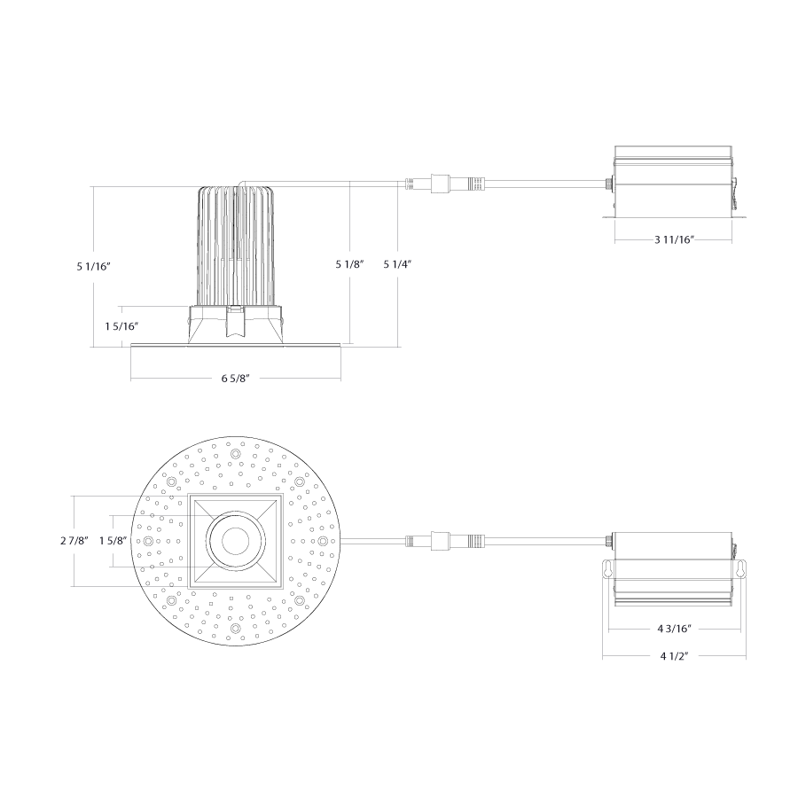 Dimension drawing of the RAB R3STLB 3in Trimless Recessed Light – 15W – 1250 Lumens – 2700K–5000K – 120V – Square – Smooth Trim – Black Finish – 90+ CRIshowing fixture dimensions and mounting measurements.