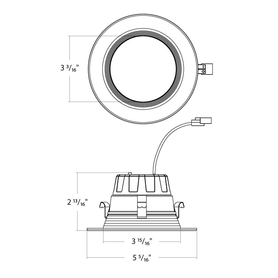 Dimension drawing of the RAB R4R109FA120WB R4R 4" Residential Retrofit Downlight - 1100 Lumens - 10W - 120V - 5CCT Selectable - Baffle Trim - Whiteshowing fixture dimensions and mounting measurements.