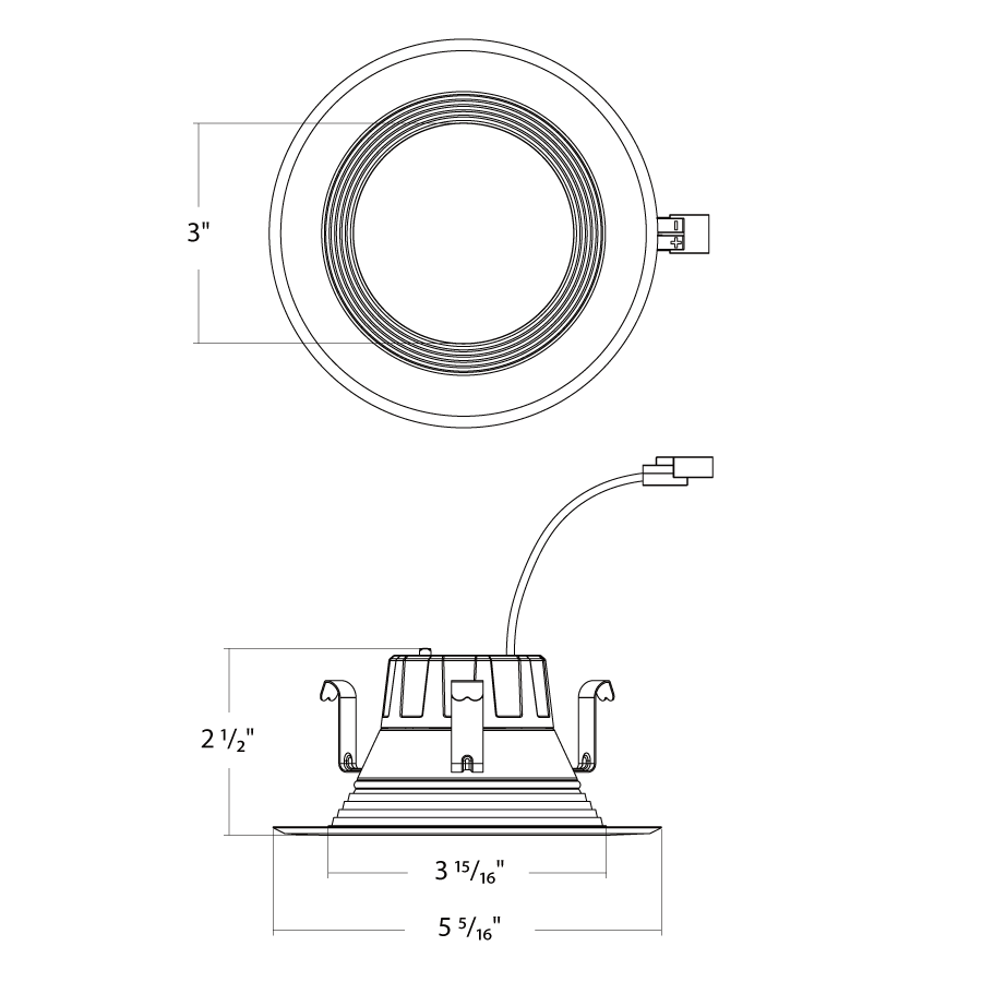 Dimension drawing of the RAB R4R89FA120WB R4R 4" Residential Retrofit Downlight - 700 Lumens - 8W - 120V - Selectable CCT - Baffle Trim - Whiteshowing fixture dimensions and mounting measurements.