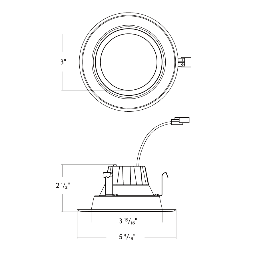Dimension drawing of the RAB R4R89FA120WS R4R 4" Residential Retrofit Downlight - 700 Lumens - 8W - 120V - Selectable CCT - Smooth Trim - Whiteshowing fixture dimensions and mounting measurements.