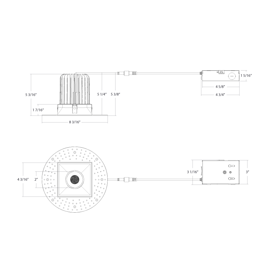 Dimension drawing of the RAB R4STL 4in Trimless Recessed Light – 20W – 1900 Lumens – 2700K–5000K – 120V – Square – Smooth Trim – White Finish – 90+ CRIshowing fixture dimensions and mounting measurements.