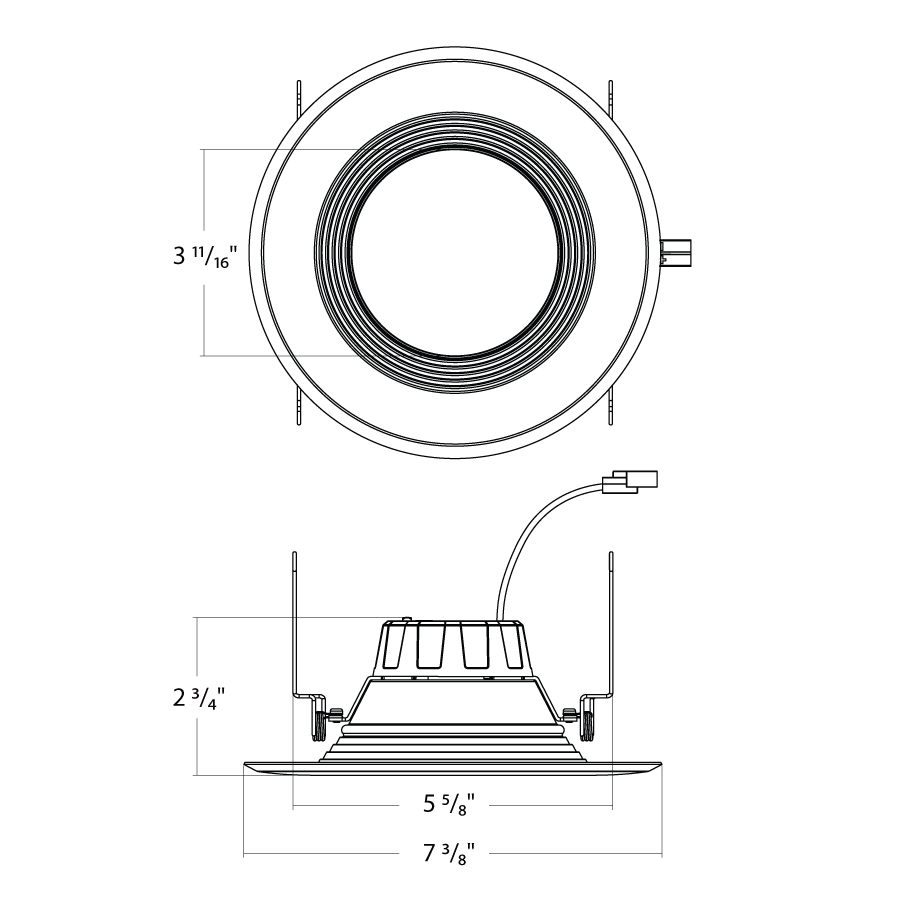 Dimension drawing of the RAB R6R119FA120WB R6R 6" Residential Retrofit Downlight - 1100 Lumens - 10.5W - 120V - Selectable CCT - Baffle Trim - Whiteshowing fixture dimensions and mounting measurements.