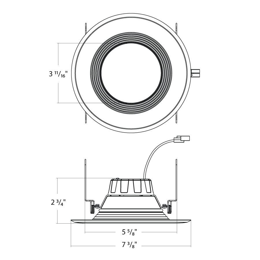 Dimension drawing of the RAB R6R149FA120WB R6R 6" Residential High Output Retrofit Downlight - 1300 Lumens - 14W - 120V - 5CCT Selectable - Baffle Trim - Whiteshowing fixture dimensions and mounting measurements.