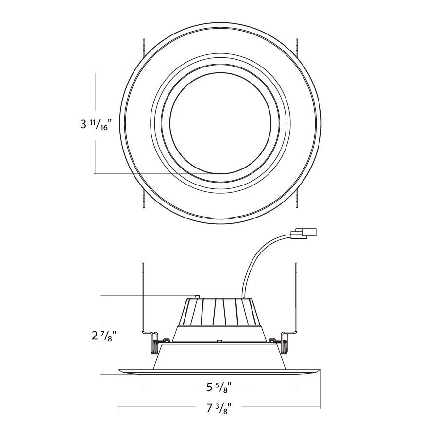 Dimension drawing of the RAB R6R149FA120WS R6R 6" Residential High Output Retrofit Downlight - 1300 Lumens - 14W - 120V - 5CCT Selectable - Smooth Trim - Whiteshowing fixture dimensions and mounting measurements.