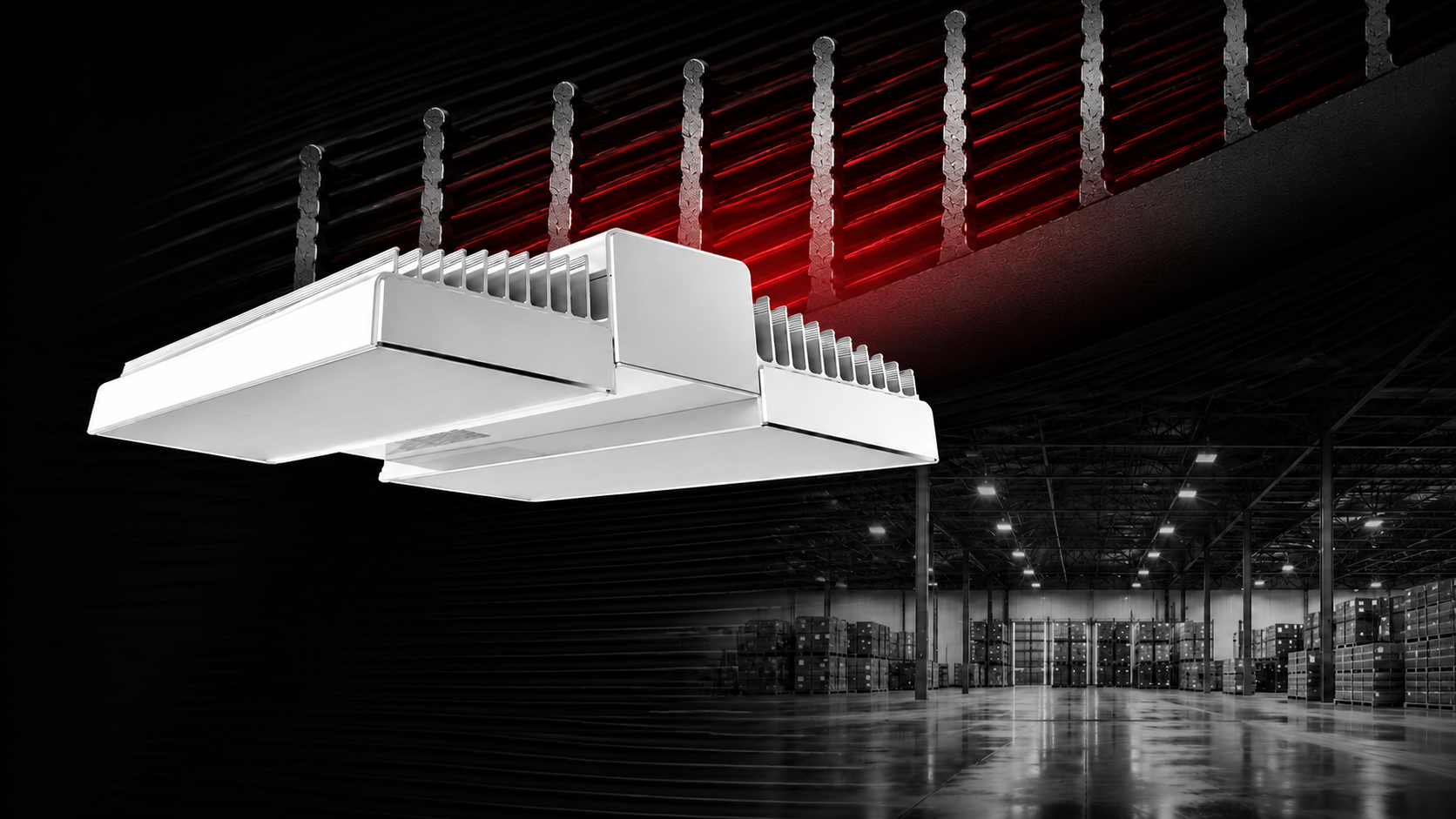 RAB RAIL linear LED high bay installed in a warehouse and distribution center environment featuring commercial-grade construction for manufacturing, logistics, and industrial lighting applications.