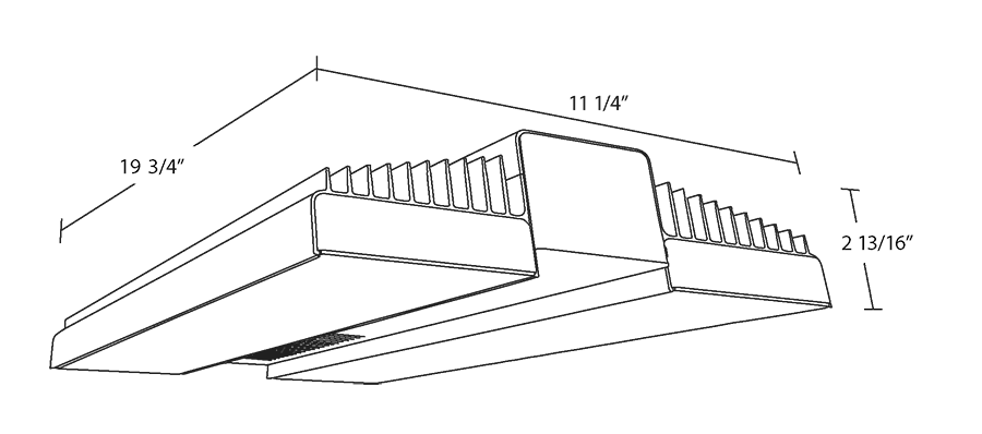 Dimension drawing of the RAB RAIL150N/PIR RAIL LED High Bay Light – 150W – 4000K – 19281 Lumens – 120-277V – PIR Occupancy Sensor – Aluminum/White Finishshowing fixture dimensions and mounting measurements.