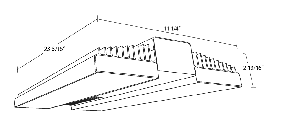 Dimension drawing of the RAB RAIL175/E RAIL LED High Bay Light – 175W – 5000K – 25527 Lumens – 120-277V – Emergency Battery Backup – Aluminum/White Finishshowing fixture dimensions and mounting measurements.