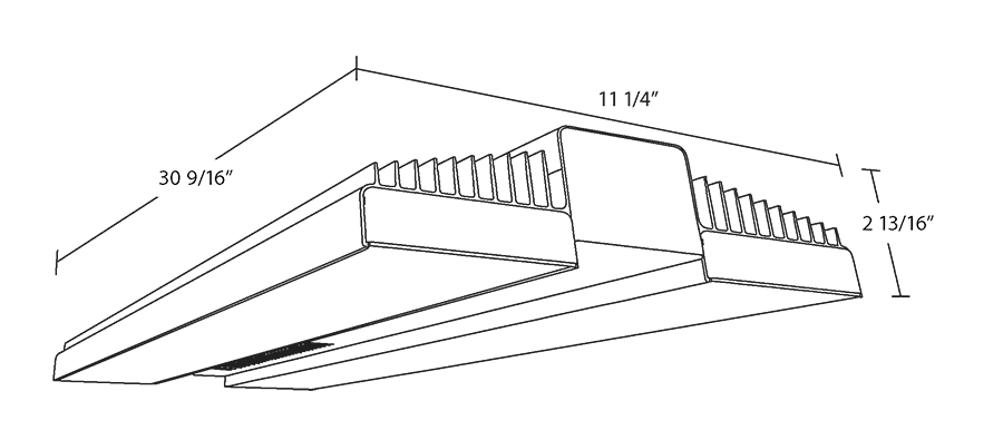 Dimension drawing of the RAB RAIL225/MVS/E RAIL LED High Bay Light – 225W – 5000K – 34847 Lumens – 120-277V – Microwave Motion Sensor – Emergency Battery Backup – Aluminum/White Finishshowing fixture dimensions and mounting measurements.