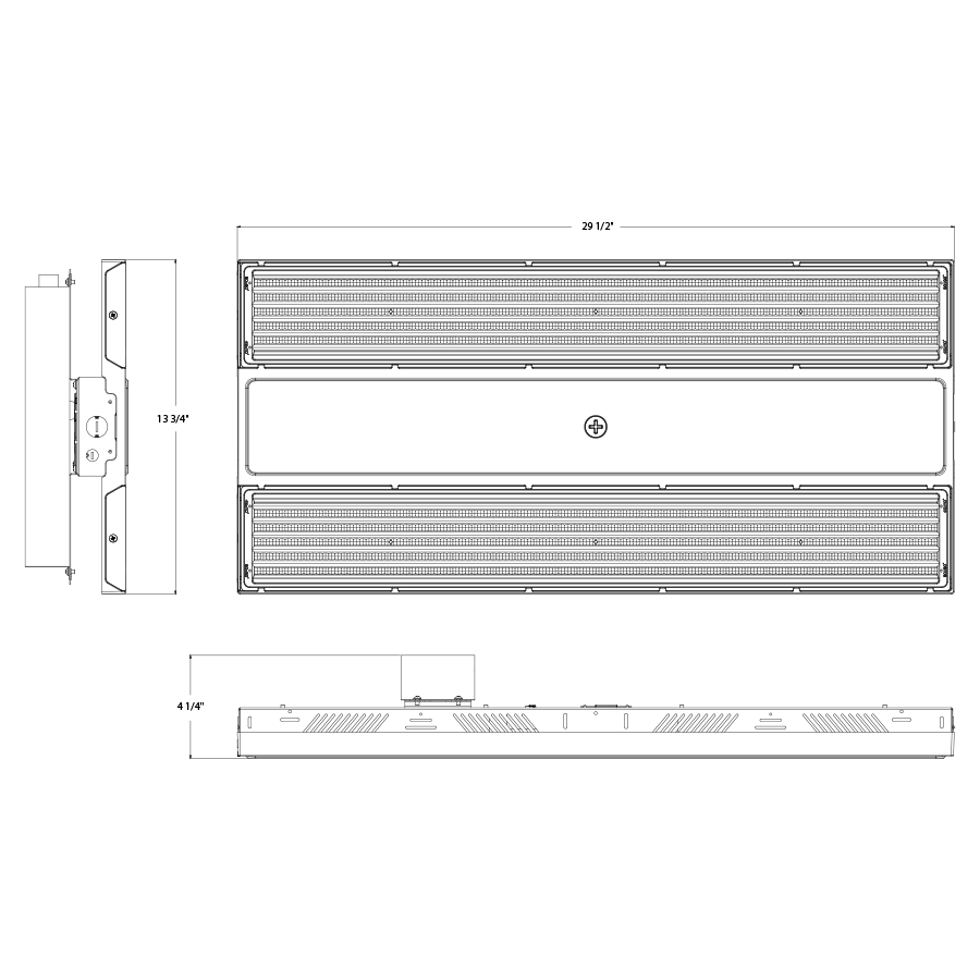 Dimension drawing of the RAB RBAY15L/480/E RBAY15L LED Linear High Bay with Emergency Battery Backup - 37708-61882 Lumens - 260W–400W Selectable Wattage - 480V - Whiteshowing fixture dimensions and mounting measurements.