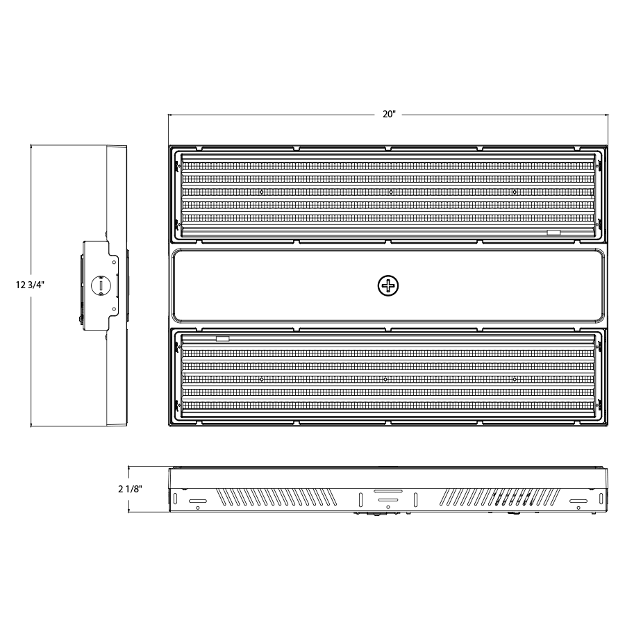 Dimension drawing of the RAB RBAY15M/480 RBAY15M LED Linear High Bay - 24828-41366 Lumens - 160W–260W Selectable Wattage - 480Vshowing fixture dimensions and mounting measurements.
