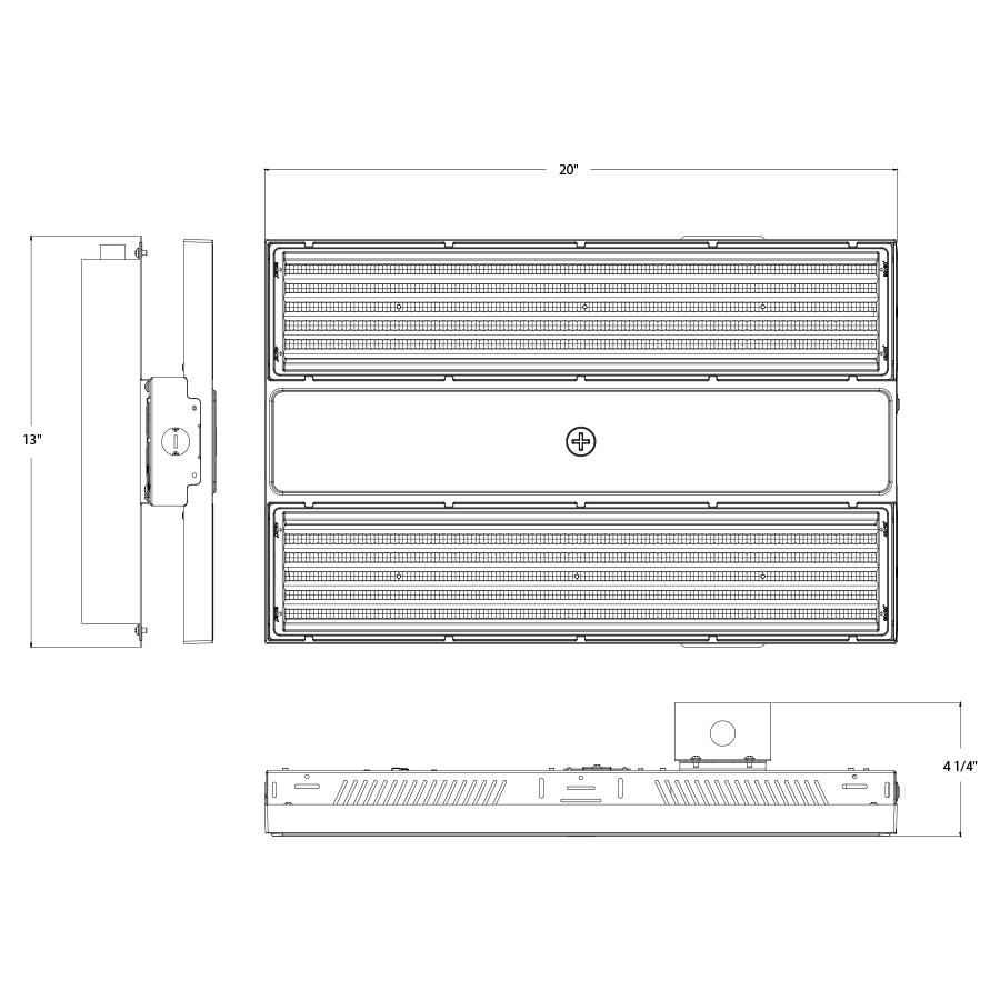 Dimension drawing of the RAB RBAY15M/480/E RBAY15M LED Linear High Bay with Emergency Battery Backup - 24828-41366 Lumens - 180W–260W Selectable Wattage - 480V - Whiteshowing fixture dimensions and mounting measurements.