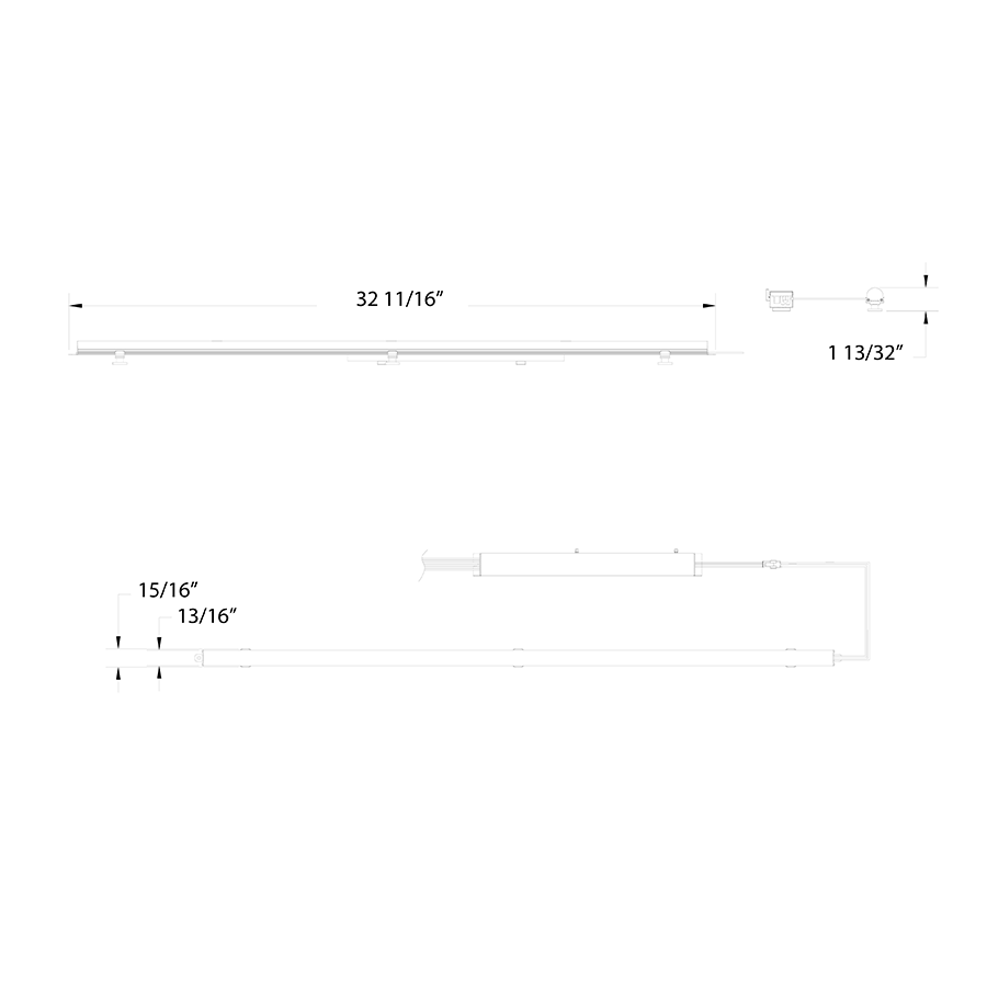 Dimension drawing of the RAB RLB-3C Retrofit Light Bar – 1x3 – 3 Wattage Selectable – 5 CCT Selectable – Clear Lens – 2396-3806 Lumens – 120-277Vshowing fixture dimensions and mounting measurements.