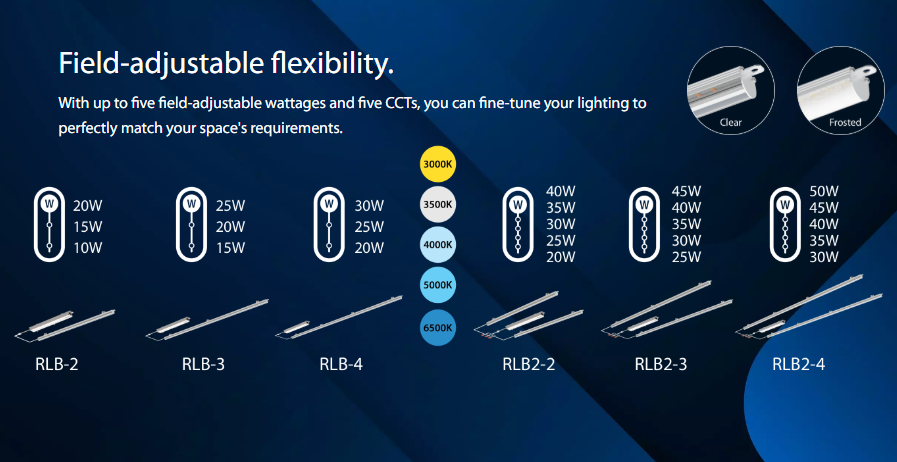 RAB RLB-2C Retrofit Light Bar – 1x2 – 3 Wattage Selectable – 5 CCT Selectable – Clear Lens – 1585-3018 Lumens – 120-277V