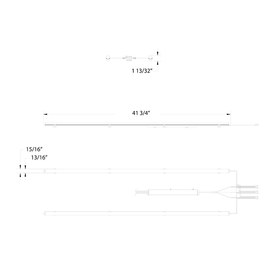 Dimension drawing of the RAB RLB2-4C Retrofit Light Bar – 2x4 – 5 Wattage Selectable – 5 CCT Selectable – Clear Lens – 4481-7539 Lumens – 120-277Vshowing fixture dimensions and mounting measurements.