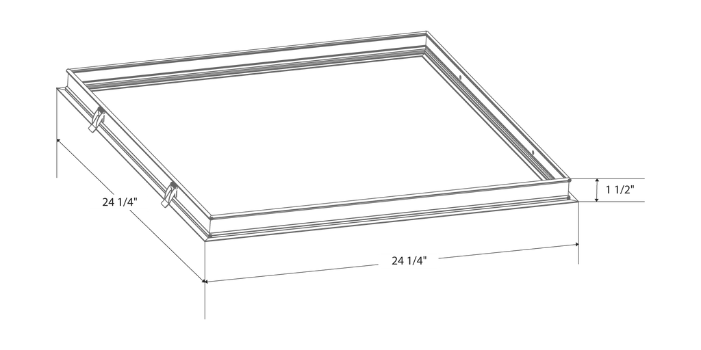 Dimension drawing of the RAB RMKPANEL2X2 LPANEL 2X2 Recessed Mounting Kit – White – For Drywall Ceilingsshowing fixture dimensions and mounting measurements.