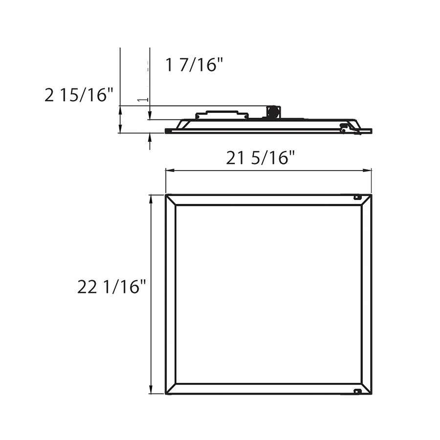 Dimension drawing of the RAB RPLED2X2/E LED Retrofit Panel – 2x2 – Selectable 18W/25W/30W – 3500K/4000K/5000K – 2505-3862 Lumens – 120-277V – Emergency Battery Backup – White Finishshowing fixture dimensions and mounting measurements.