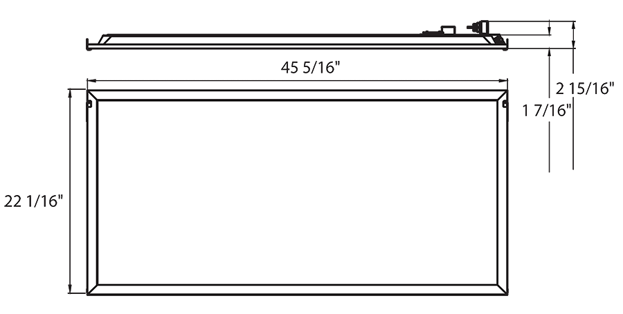 Dimension drawing of the RAB RPLED2X4/MVS LED Retrofit Panel – 2x4 – Selectable 25W/30W/35W – 3500K/4000K/5000K – 3543-4749 Lumens – 120-277V – Microwave Occupancy Sensor – White Finishshowing fixture dimensions and mounting measurements.