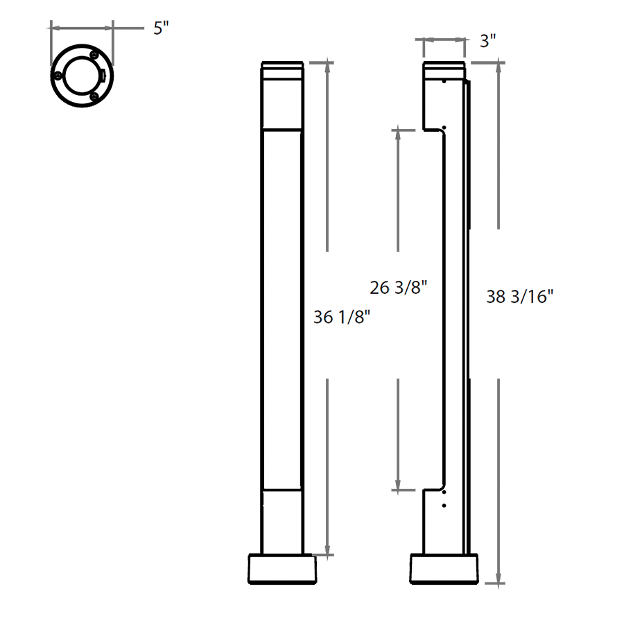 Dimension drawing of the RAB SA-REBR SA Reed LED Bollard – 9W – 3000K – 341 Lumens – 120-277V – Matte Bronze Finishshowing fixture dimensions and mounting measurements.