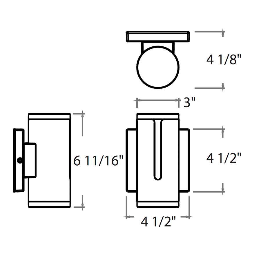 Dimension drawing of the RAB SA-SLWP SAGE Slot LED Wall Pack – 8W – 3000K – 332 Lumens – 120-277V – Matte Bronze Finishshowing fixture dimensions and mounting measurements.