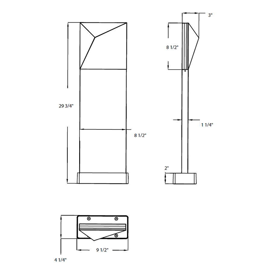 Dimension drawing of the RAB SA-TB SA Tile LED Bollard – 8W – 3000K – 140 Lumens – 120-277V – Matte Bronze Finishshowing fixture dimensions and mounting measurements.
