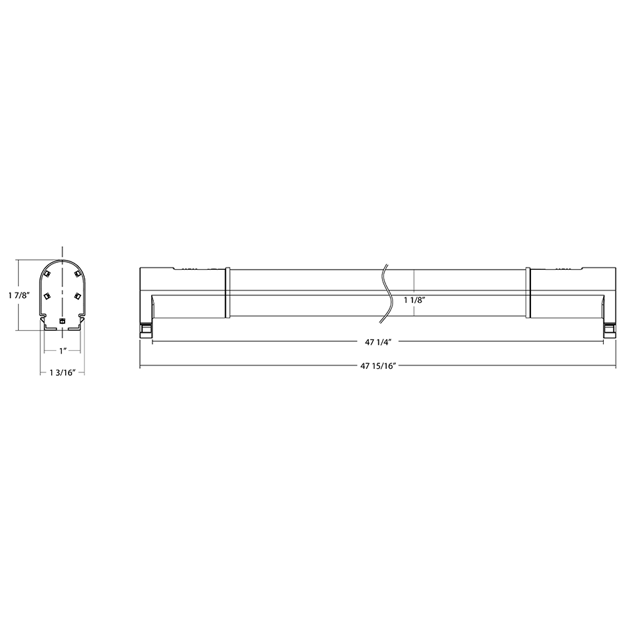 Dimension drawing of the RAB SBR10 Emergency LED T10 Retrofit Tube Fixture – UL 924 Listed – 120-277V – 1750-1800 Lumensshowing fixture dimensions and mounting measurements.