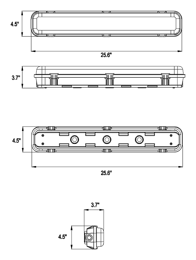 Dimension drawing of the RAB SEAL2 SEAL2 LED Linear Washdown Light - 2ft - 2040-3400 Lumens - 15W–25W Selectable Wattage - 120-277Vshowing fixture dimensions and mounting measurements.