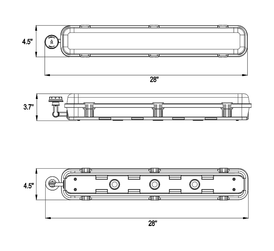 Dimension drawing of the RAB SEAL2/MVS SEAL2 LED Linear Washdown Light with Microwave Motion Sensor - 2ft - 2040-3400 Lumens - 15W–25W Selectable Wattage - 120-277Vshowing fixture dimensions and mounting measurements.