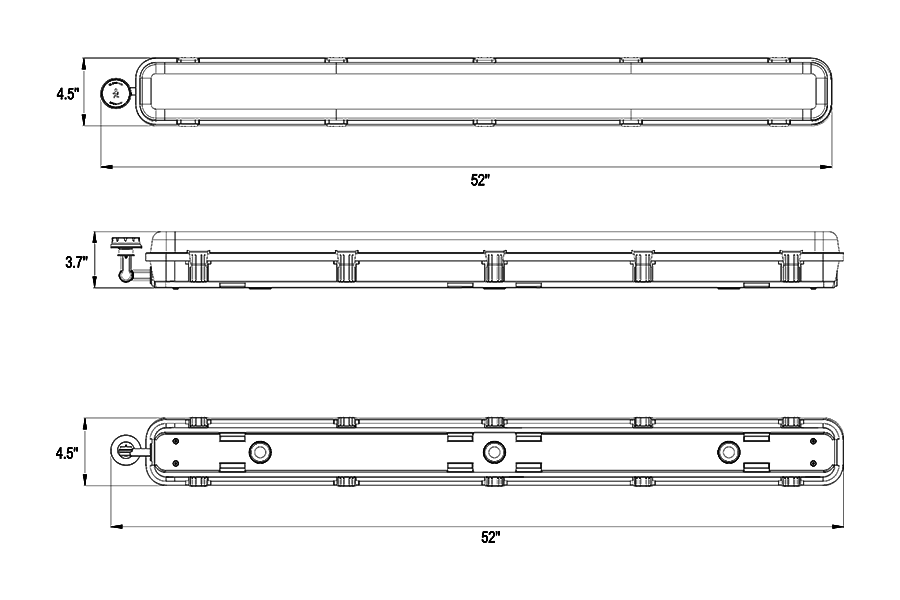 Dimension drawing of the RAB SEAL4/MVS SEAL4 LED Linear Washdown Light with Microwave Motion Sensor - 4ft - 4080-6800 Lumens - 30W–50W Selectable Wattage - 120-277Vshowing fixture dimensions and mounting measurements.