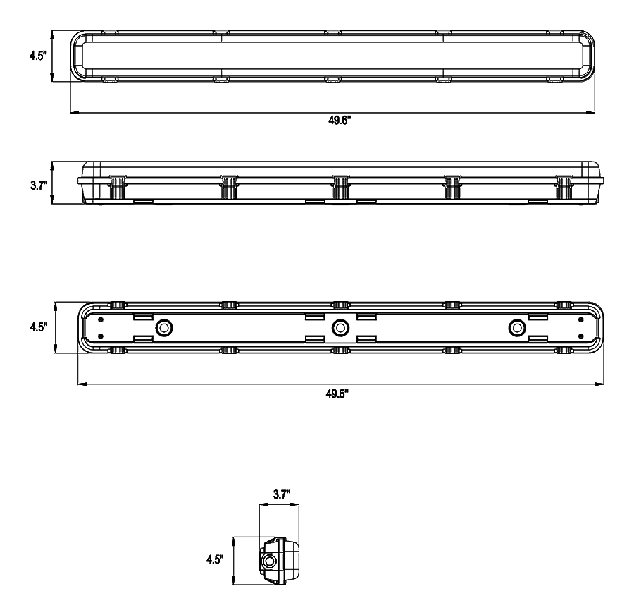 Dimension drawing of the RAB SEAL4/MVS/E SEAL4 LED Linear Washdown Light with Microwave Motion Sensor and Emergency Battery Backup - 4ft - 4080-6800 Lumens - 30W–50W Selectable Wattage - 120-277Vshowing fixture dimensions and mounting measurements.