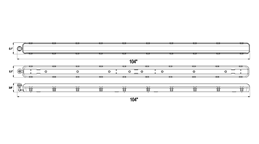 Dimension drawing of the RAB SEAL8/PIR SEAL8 8ft LED Linear Washdown Light with PIR Sensor - 8ft - 8220-13700 Lumens - 60W–100W Selectable Wattage - 120-277Vshowing fixture dimensions and mounting measurements.