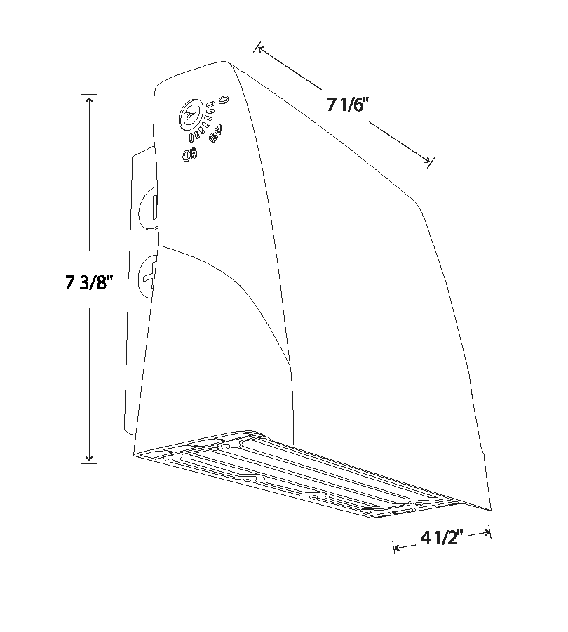 Dimension drawing of the RAB SLIM17FA30ADJ SLIM17 Field-Adjustable Wall Pack – 30W – Selectable 3000K/4000K/5000K – 3540-3813 Lumens – 120-277V – Integrated Photocell – Adjustable Light Engine – Bronze Finishshowing fixture dimensions and mounting measurements.