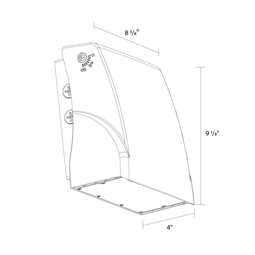 Dimension drawing of the RAB SLIM17FA50ADJ SLIM17 Field-Adjustable Wall Pack – 50W – Selectable 3000K/4000K/5000K – 7182-7477 Lumens – 120-277V – Integrated Photocell – Adjustable Light Engine – Bronze Finishshowing fixture dimensions and mounting measurements.